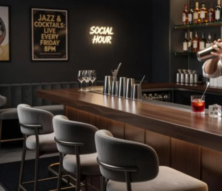 Stylový bar Moraveento s moderním designem a barem plným koktejlů.