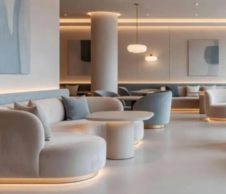Interiér restaurace Moraveento s moderním sezením a jemnou casino inspirací v designu.
