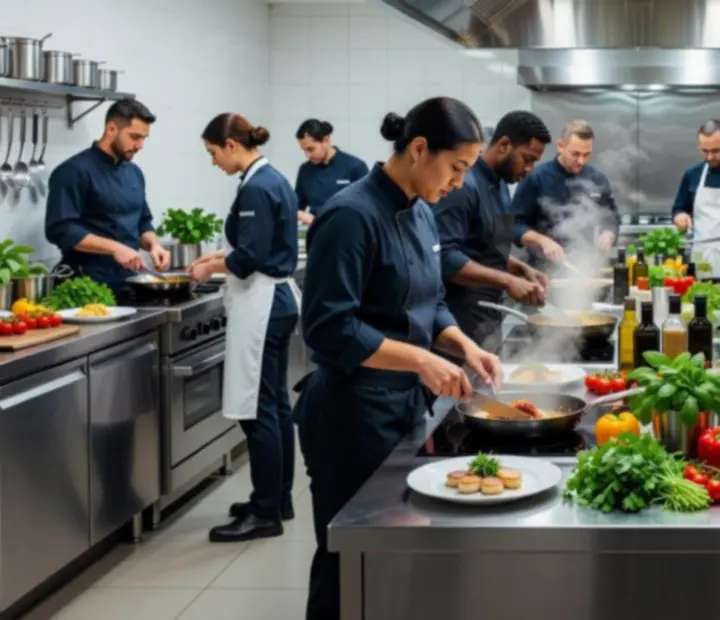 Tým kuchařů v kuchyni restaurace Moraveento při společné přípravě jídel.