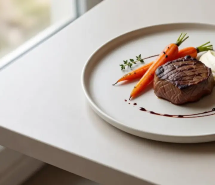 Moderně servírovaný hlavní chod v restauraci Moraveento