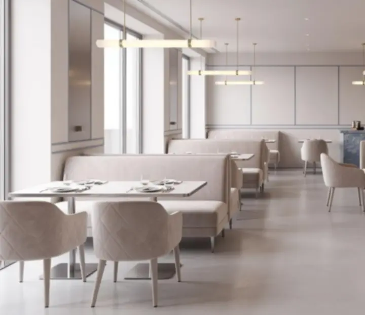 Hlavní sál restaurace Moraveento s moderním, světlým interiérem a pohodlným sezením.