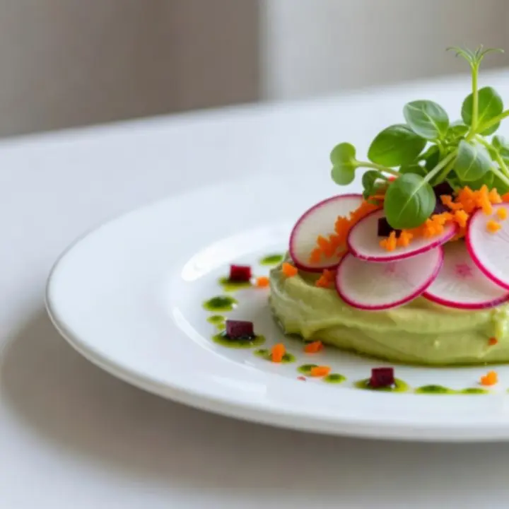 Moderní talíř s kreativními předkrmy v restauraci Moraveento